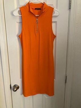 Ambiance Sleeveless Neon Orange Zip-Neck Summer Mini Dress